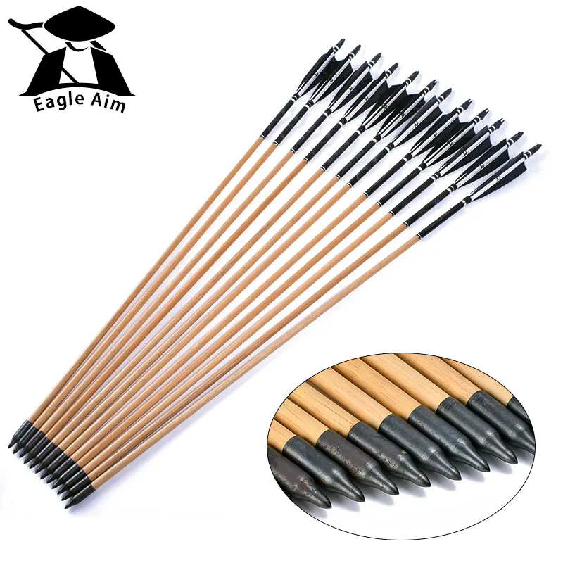 Hunting Archery 12x Handmade Wooden Arrows Turkey feather for 25-50lbs Longbow Recurve Bow 80cm Length