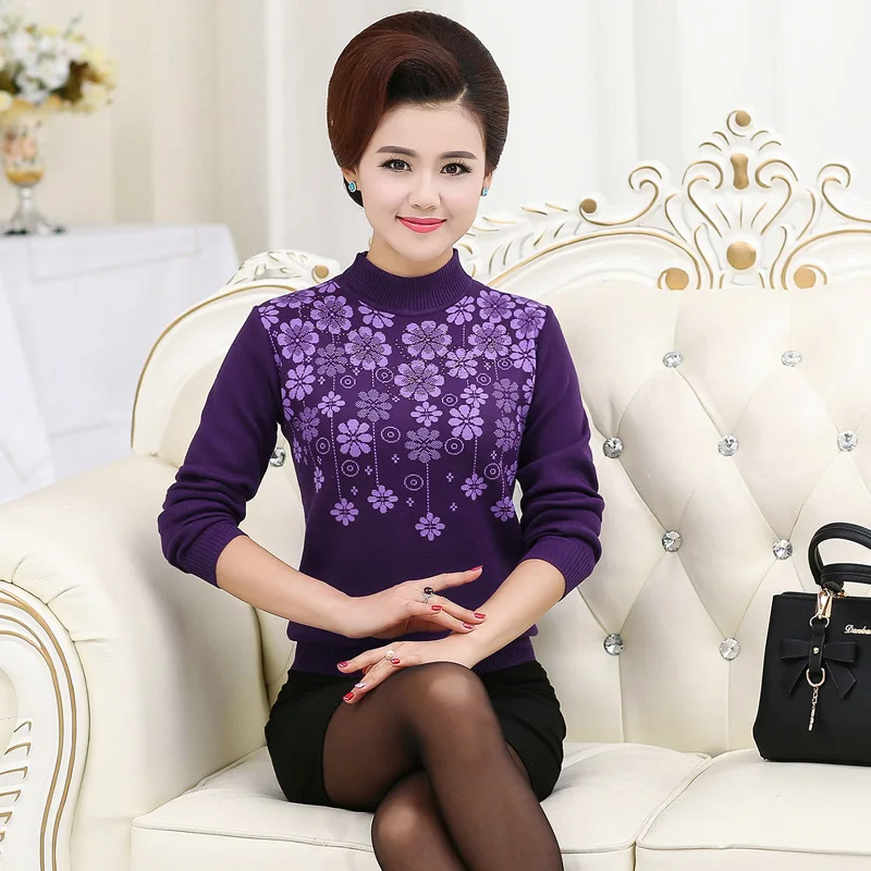 Knitting Mother Clothing Floral New Women's Autumn Winter Turtleneck Sweater Pullover Casual Long-sleeve Knitted Basic Shirt Top | Женская