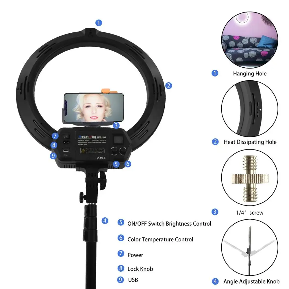 16 &quotсветодиодный Диммируемый кольцевой светильник для фотостудии YouTube с 200 см