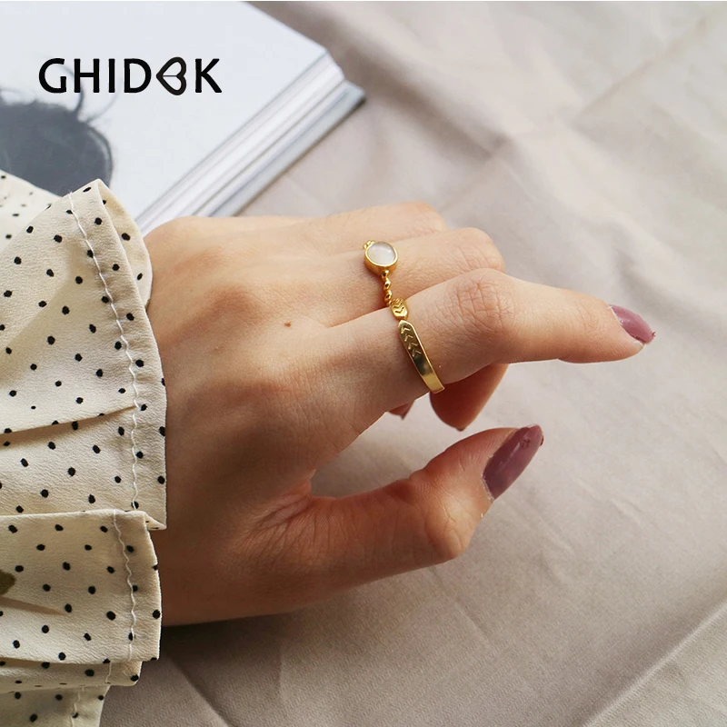 

GHIDBK Simple 925 Sterling Silver Opal Stackable Rings For Women Statement Adjustable Open Rings Minimalist Layered Rings Gifts