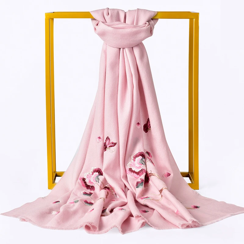 Châles en laine brodés de fleurs et enveloppes, écharpe 100% laine pour femmes, hiver automne luxe Bufandas chaud Pashmina rouge