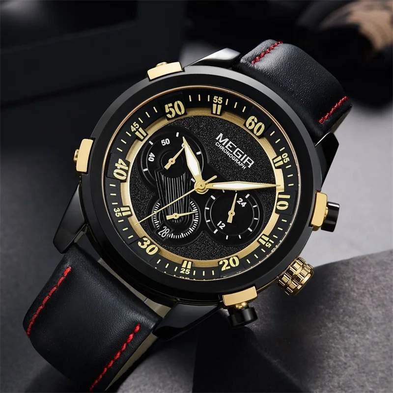 Часы MEGIR мужские спортивные повседневные кварцевые с кожаным ремешком|wristwatch