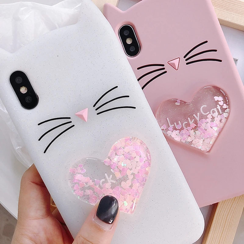 Tfshining Cute Liquid heart quicksand Cases Cover For Iphone XR XS Max 7 8 6 6s Plus X 3D Cartoon Beard Lucky Cat Silicone Case |