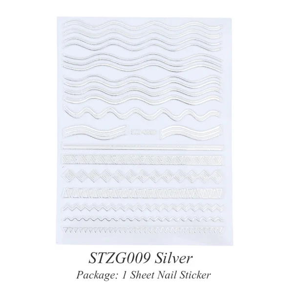 STZG009 Silver 3D серебристо-Золотая наклейка для дизайна ногтей, полоска с геометрическим рисунком, металлический конус, сделай сам, клеящиеся палочки для ногтей, маникюрные наконечники, STZG001-013 - Цвет: STZG009 Silver