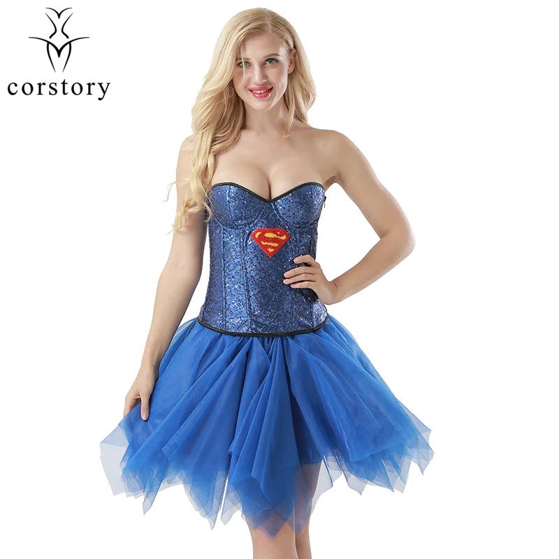 Холтер Готический синими блестками корсет Overbust юбка костюмы сексуальные платья