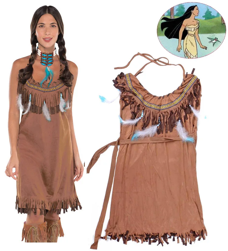 Женский костюм принцессы Pocahontas индийский на Хэллоуин коричневое платье для