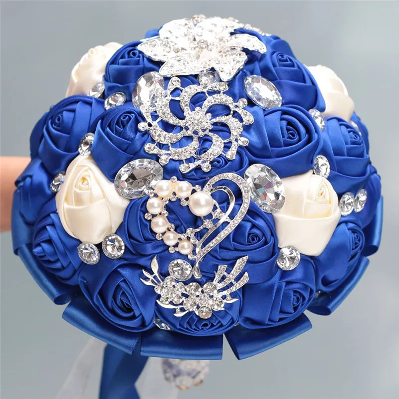 WifeLai-A Custom Royal Blue Ivory Brooch Bridal Hand Holding Flower Bouquets Bridesmaid Crystal Silk Wedding Bouquet W228-17 | Свадьбы и