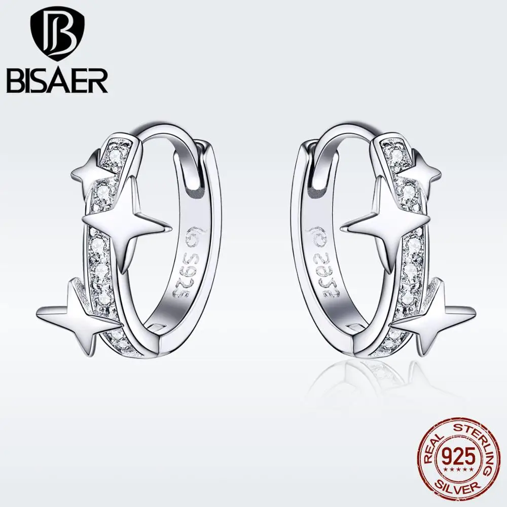 BISAER 100% 925 пробы серебро сияющей Звезды Ясно CZ серьги гвоздики Для женщин