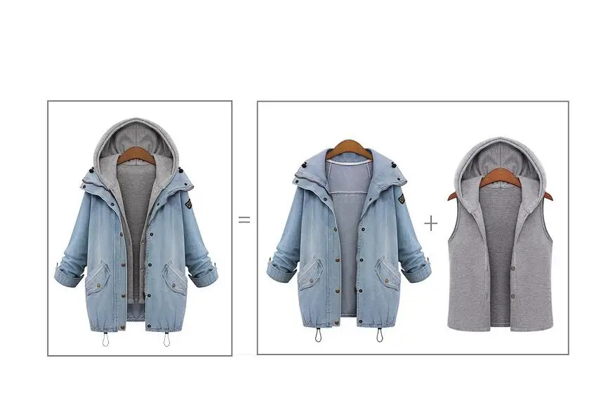 Женская джинсовая куртка пальто Veste Femme двухсекционная куртка весна осень с капюшоном бомбер размера плюс женский джинсовый жакет G288