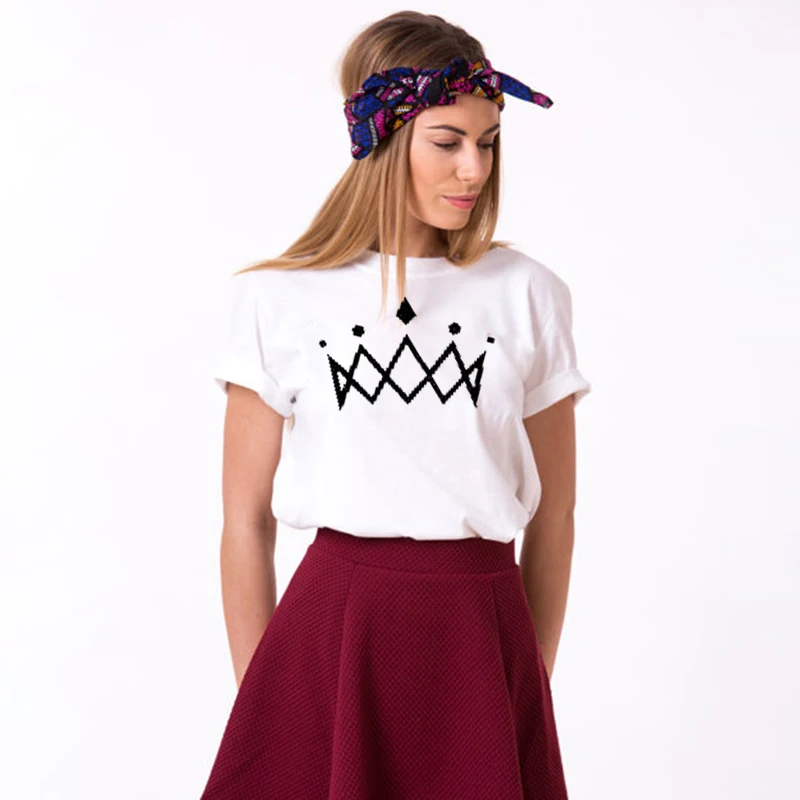 

T-shirts Couple KING AND QUEEN Crowns Printing Pattern White Tshirt Cotton Funny Letter Print Casual O-neck Top Lovers Tee Shirt