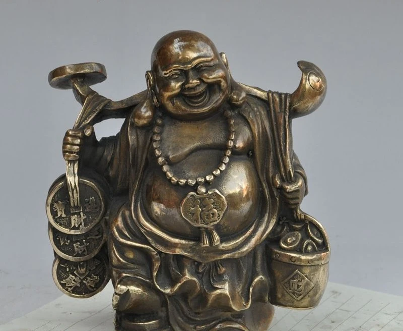 

6 "Китайский, буддийский из бронзы богатство деньги монета слиток Руи Майтрейя статуя Будды