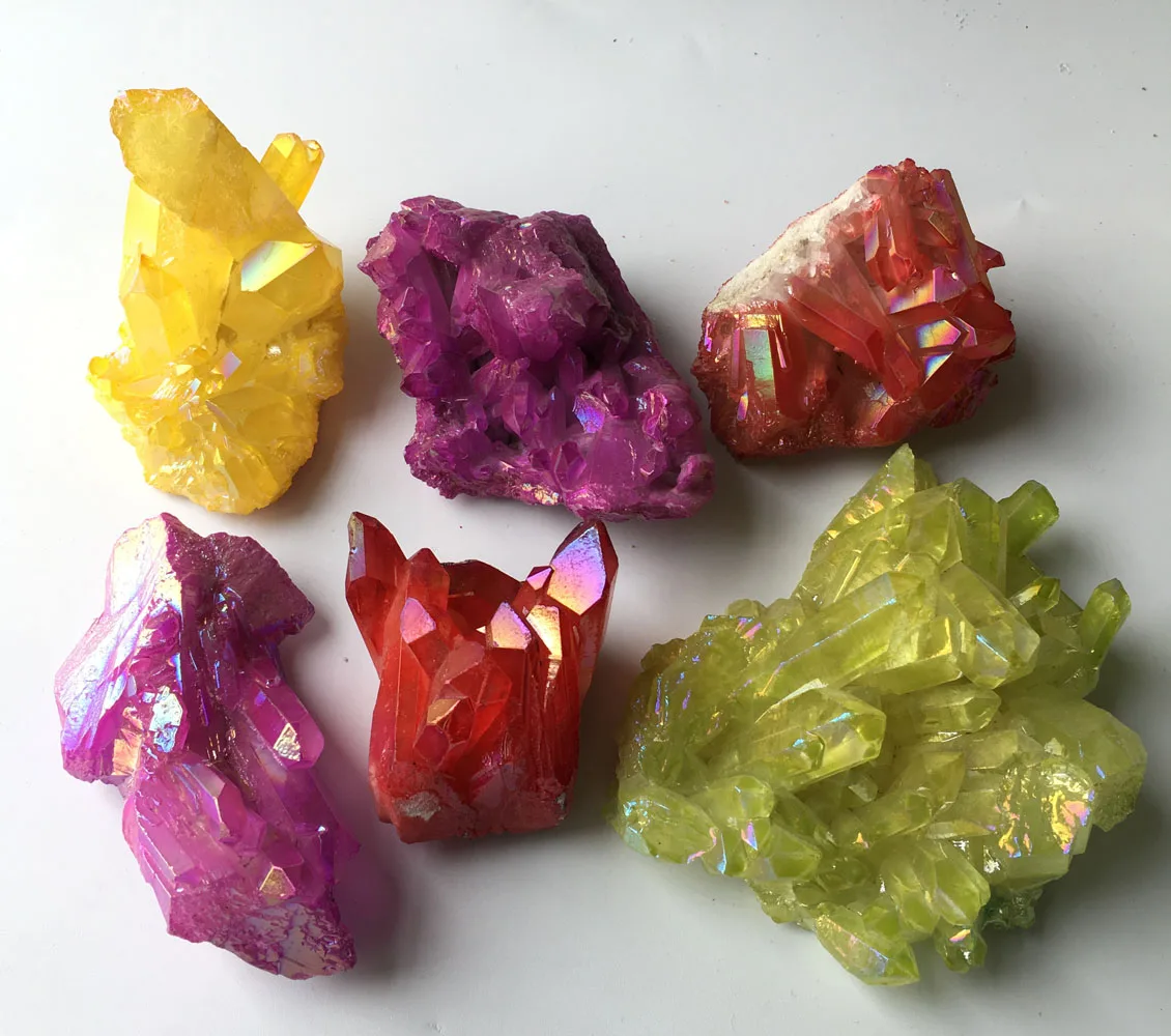 

819 г, 6 шт., много цветов, кварцевый кристалл Aura, титановый висмут, силиконовый кластер радуги