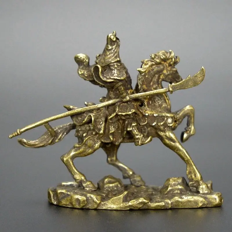 Коллекционный китайский чистый латунный резной Guan Yu ride Horse изысканный маленький