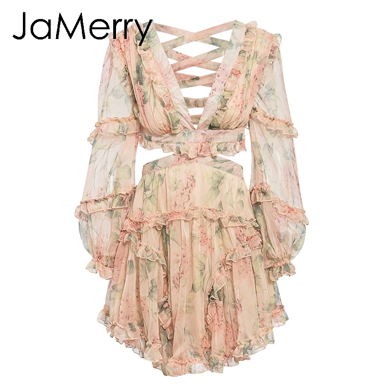 JaMerry Boho Цветочный Принт Бандажное шифоновое платье на шнуровке женские летние