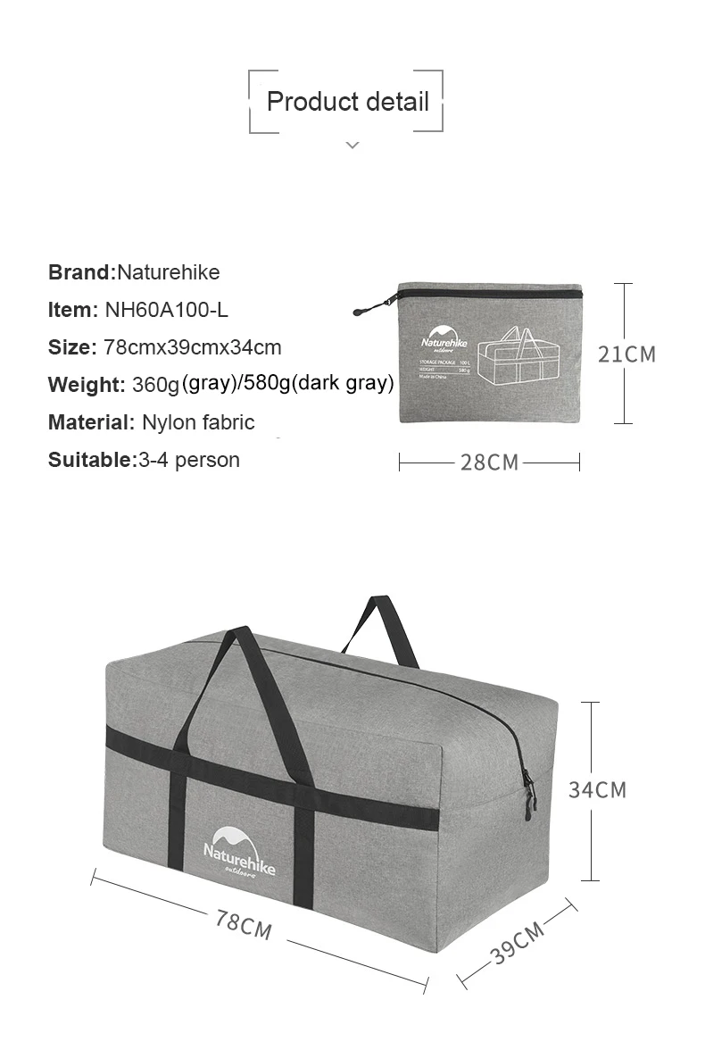 Naturehike 100L Открытый Кемпинг Сумка для хранения дорожная Сумочка одежда складной мешок большой Bapacity серый черный