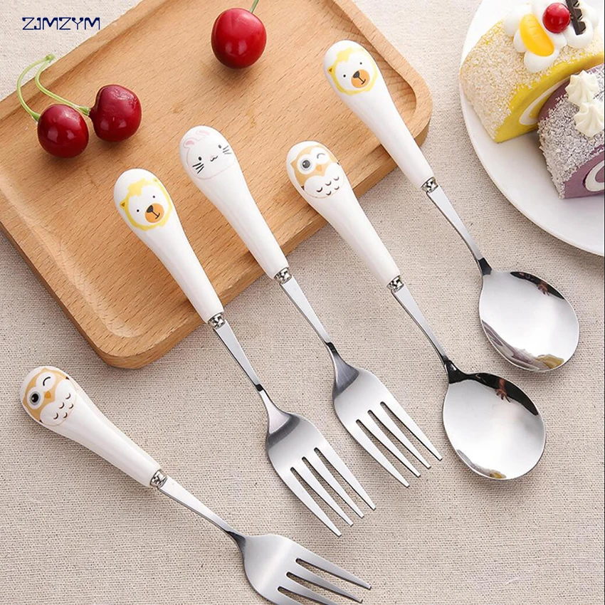 

1pc Cartoon Cute Cat Fork Stainless Steel Long Handle Stirring Spoon Fruit Fork Coffee Spoon Ceramic Handle