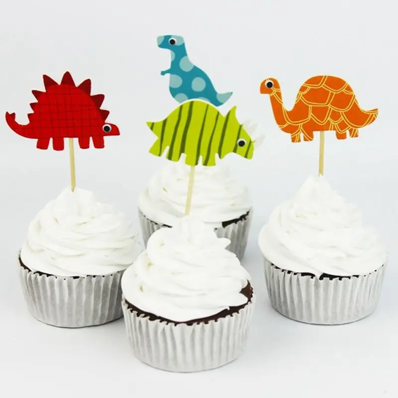 Cupcake Topper 24pcs Дети Мальчики сувениры милый динозавр тема, детский душ вечерние пластиковые Лут сумки счастливые на дни рождения, особые события украшения подарки сумки 10 шт./лот - Цвет: Cupcake Topper 24pcs