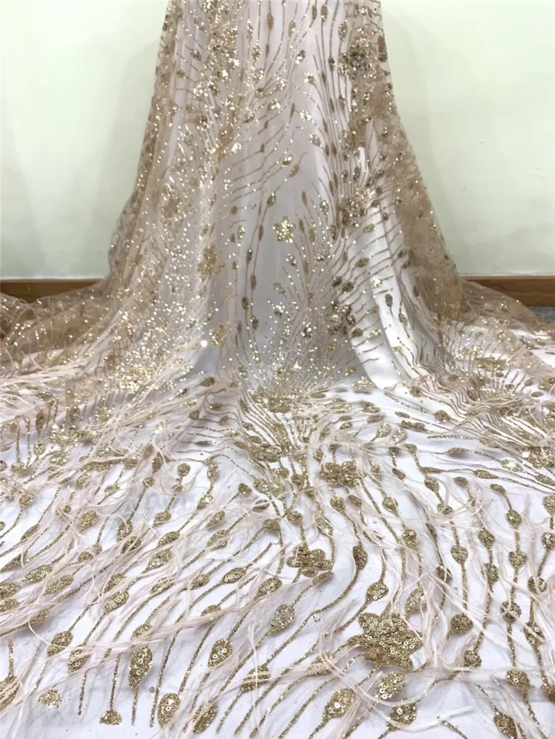 Модная блестящая африканская сетчатая кружевная ткань с 3d перьями новый дизайн
