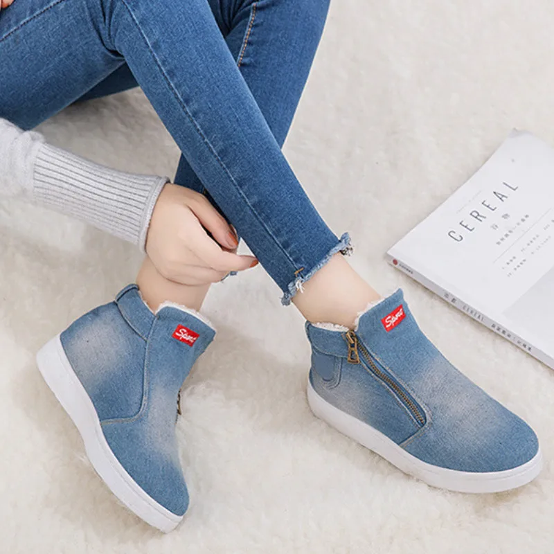 

New Winter Shoes Women Denim Ankle Boots Classic Zipper Snow Boots Warm Plush Thickening Flat Boots for Zapatos De Mujer S2-100