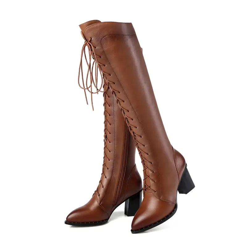 

ASUMER HOT SALE Genuine leather boots women shoes corss tide knee high boots pointed toe thick high heels winter boots female