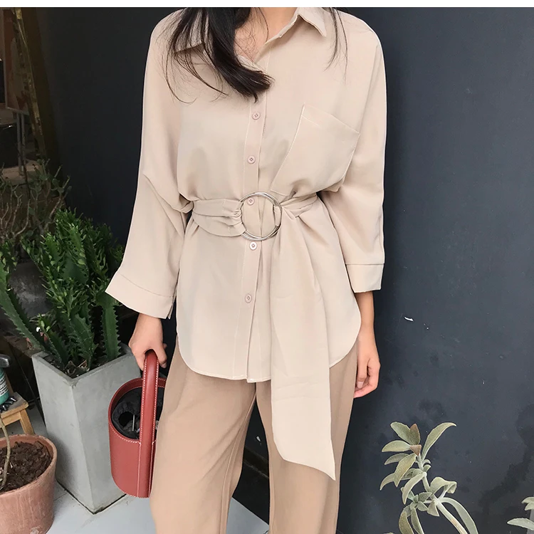 For Women Long Blouses Autumn Springcasual Buttons Women's Elegant Lace-Up Equipped Waist Retro Tops |