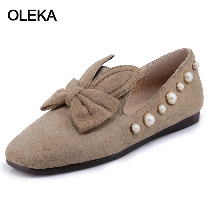 Oleka 2018 Newest Women Flats Square Toe Bow Tie Female Shoes Pearl Woman Plus Size 30-44 Black Red AC117 | Обувь
