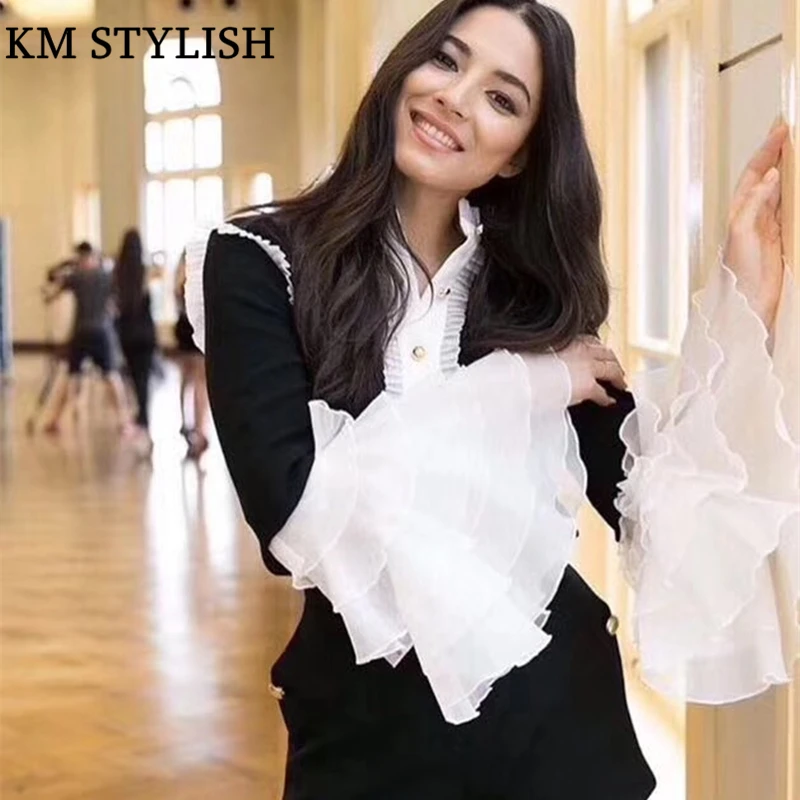 

[NEW SALE] Women's Shirt Blouse Temperament Palace Elegant Fairy Hit Color Flounced Collar Trumpet Sleeve Shirt
