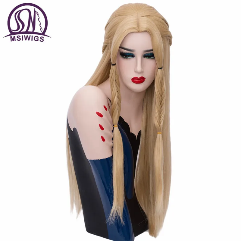 MSI Wigs, Длинные Синтетические парики для косплея, плетеные волосы, блонд, прямой парик, розовая сетка, серебристо-белый, Игра престолов, Плетеный женский парик
