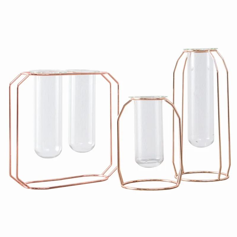 3PCS Rose Gold Set Скандинавская стеклянная кюветная ваза, Современная позолоченная железная ваза для цветов, модная ваза для растений, креативная Террариум, украшение для дома, свадьбы - Цвет: 3PCS Rose Gold Set