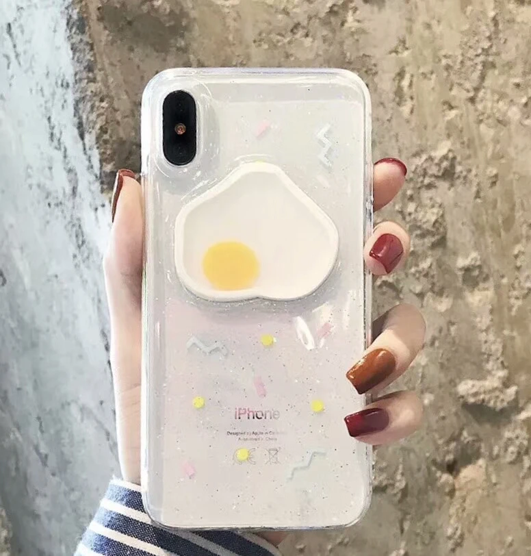 Funny Moving Fried Egg Transparent Glitter Cover for iPhone XS Max XR Soft Silicon Case Funda 6S 7 8 Plus Capa Hoesje |
