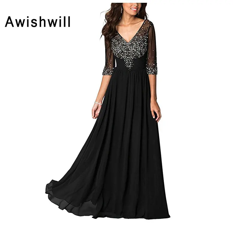 New Arrival 2020 Long Evening Dress With 3/4 Sleeves V-neck Beadings Chiffon Banquet Mother of The Bride Dresses Robe De Soiree | Свадьбы и