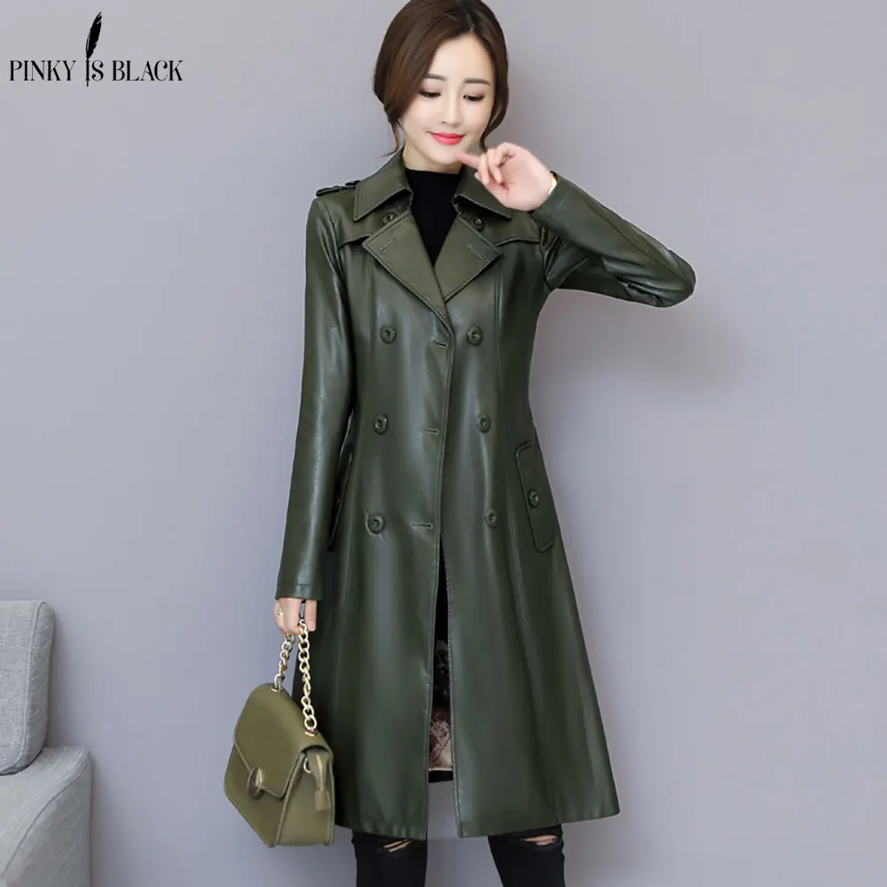 PinkyIsblack 2022 New Spring Women Long Leather Jacket Slim Belt Motorcycle PU Leather Long Jacket Coat Leather Trench