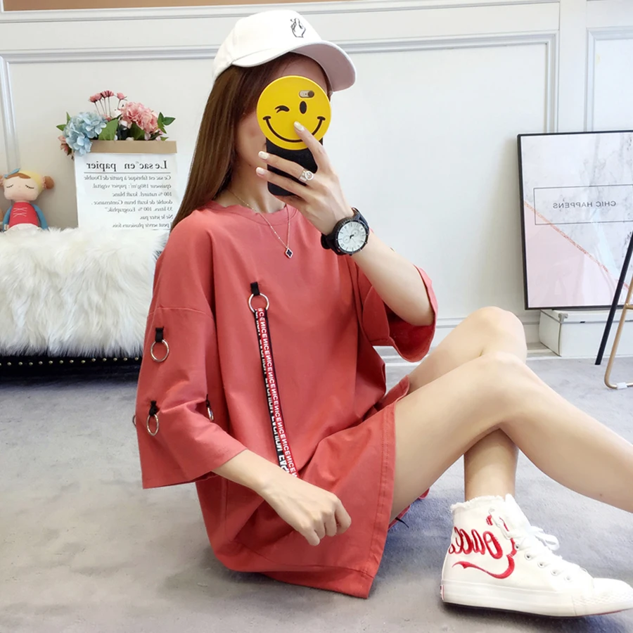 Длинная летняя футболка для женщин K pop с ленточным кольцом свободная уличная Ulzzang