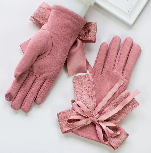 Autumn winter women's faux suede leather touch screen driving gloves girls sexy lace bow gloves thicken warm fleece ling R207