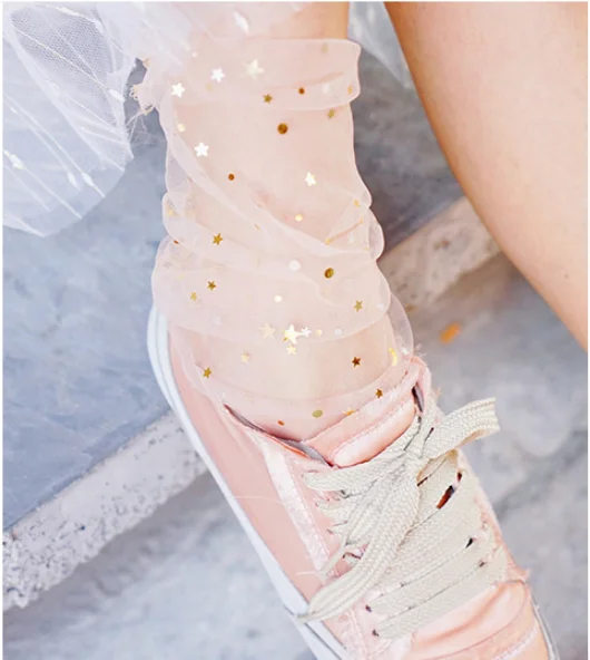 

CRAZY FLY Summer Japan Star And Moon Glitter Socks Harajuku Transparent Mesh Women Socks Korean Ultrathin Fishnet Socks Hosiery