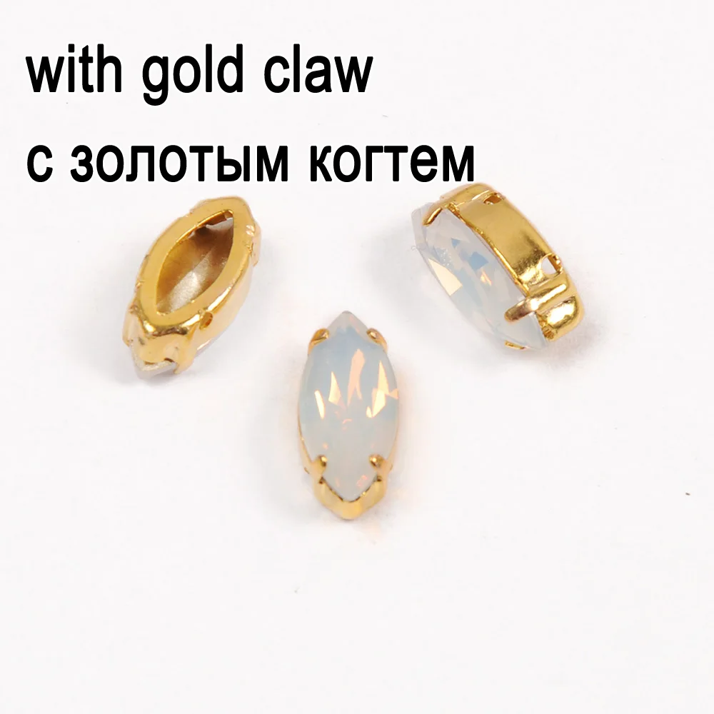 Crystal with gold Пять размеров Navette белый опал цвет высокое качество стекло Кристалл пришить Стразы Серебряное основание с коготь DIY аксессуары для одежды - Цвет: Crystal with gold