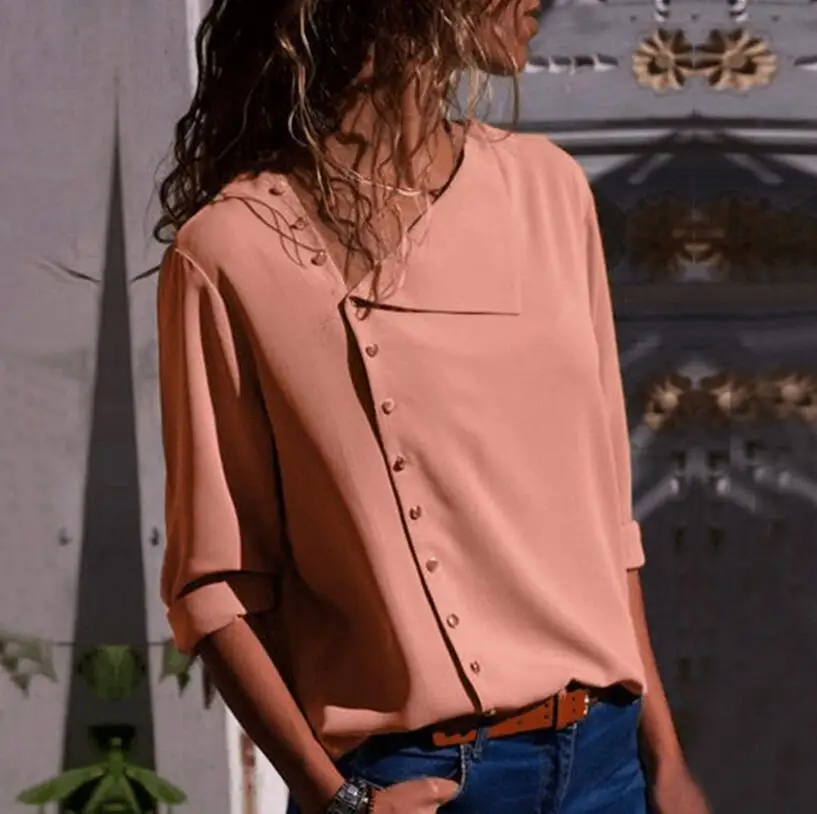 2018 Summer Button Irregular Blouse women Fashion Long Sleeve Oblique collar Shirt Female Elegant autumn Casual office Tops |