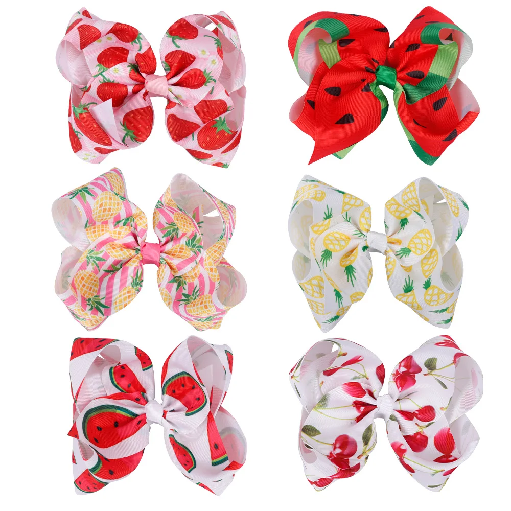 

7" Large Fruit Printed Hair Bows For Girls Handmade Ribbon Bowknot Hair Clips Headbands Summer Style Kids Hair Accessories