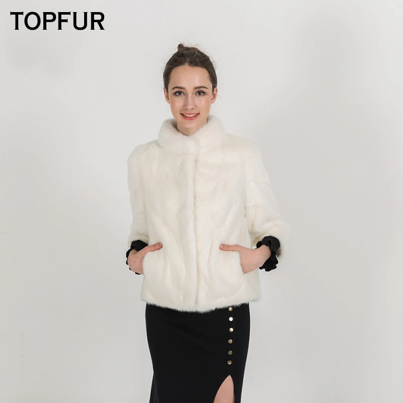 TOPFUR New Arrival White Full Pelt Mink Fur Coats For Women With Standing Collar Short Coat High Quality Mink Fur Jacket