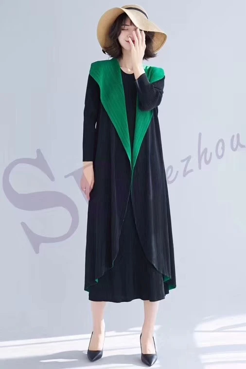 

HOT SELLING Miyake fold o-neck dress the long sleeve Colorblock fake two-piece dress IN STOCK