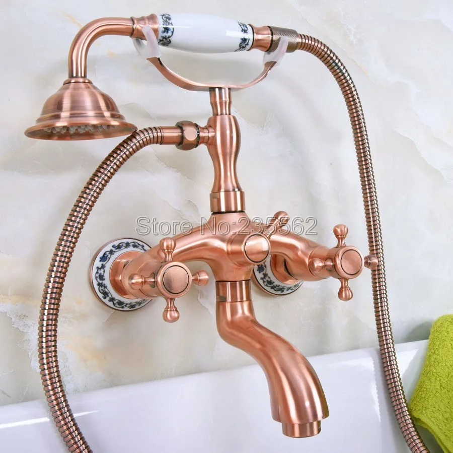 

Antique Red Copper Wall Mount Clawfoot Bath Tub Faucet Tap w/ Handheld Shower lna325