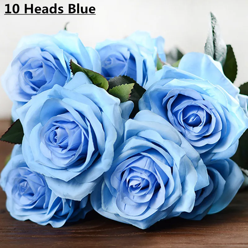 10 heads blue Дешевые 7/9/10 глав один пучок искусственный букет роз Шелковый декоративный цветок Свадебная вечеринка Рождественский Декор цветок материалы искусственные цветы тычинки цветов декор дома - Цвет: 10 heads blue