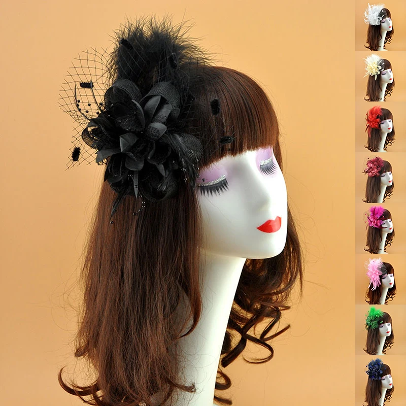 

Fascinators Hats for Womens Headdress Flower Cocktail Wedding Tea Party Derby Hat Feather Mesh Net Veil Bridal Hair Accessories