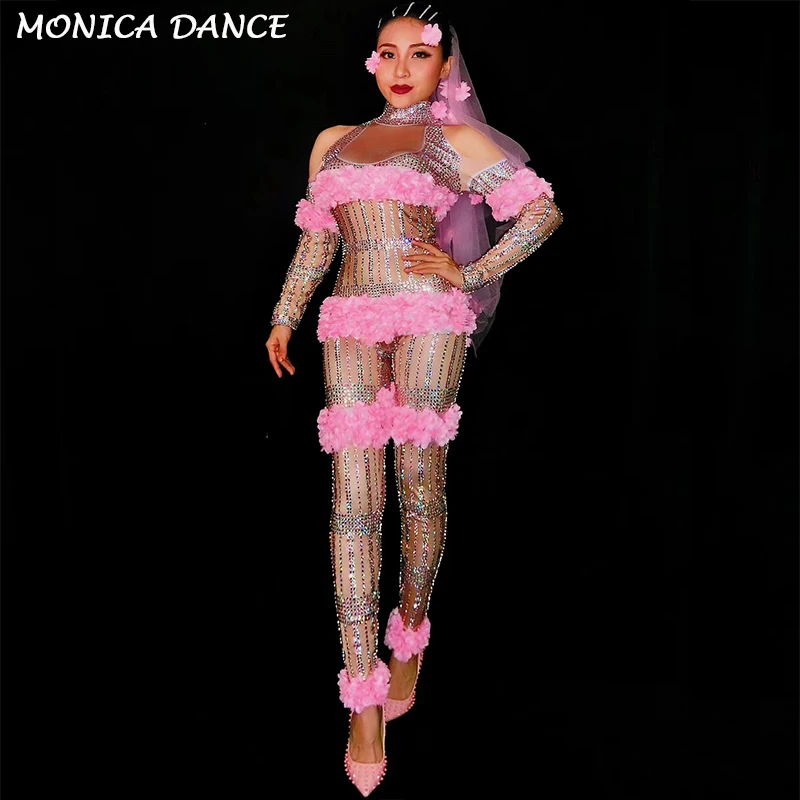 Sexy Stage Pink Flowers Jumpsuit Rhinestones One Piece Big Stretch Costume Women's Birthday Outfit Stage Singer Dance Costumes