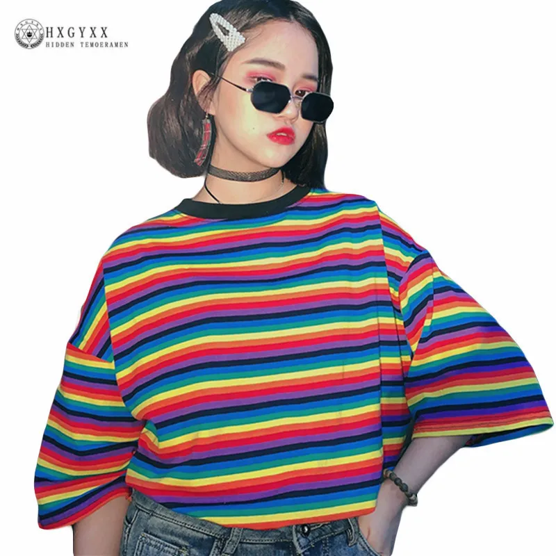 Корейская мода женская одежда радужные полосатые свободные топы с круглым