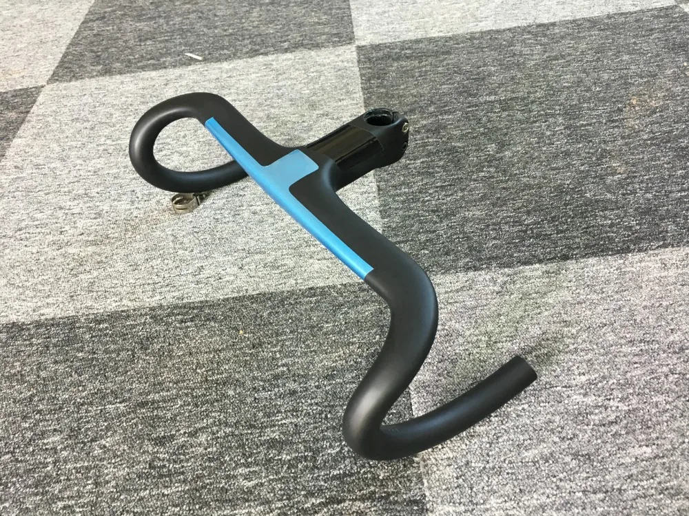 구매 초경량 285g FASTERWAY 풀 블랙 블루 카본 로드 바이크 통합 핸들 바 (스템 포함) 카본 핸들 바 28.6mm