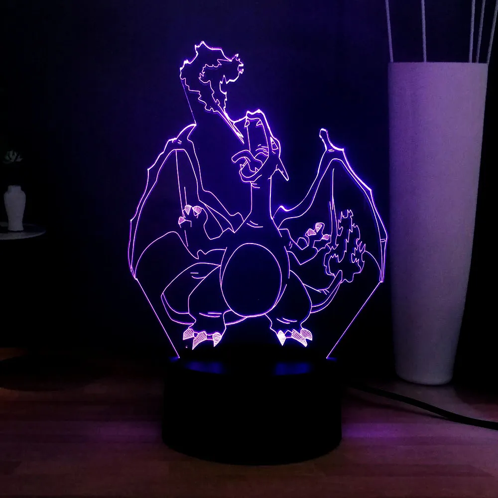 Cool Charizard RGB 7 цветов 3D иллюзия светодиодный ночник светильник Покемон USB