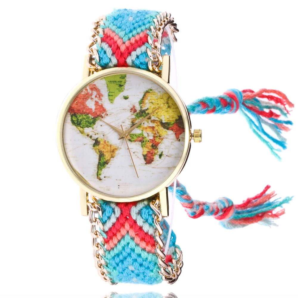 

Fashion brand Wool Weave Female wrist watches map dial Casual creative Student clock Ladies dress bracelets gold quartz watch