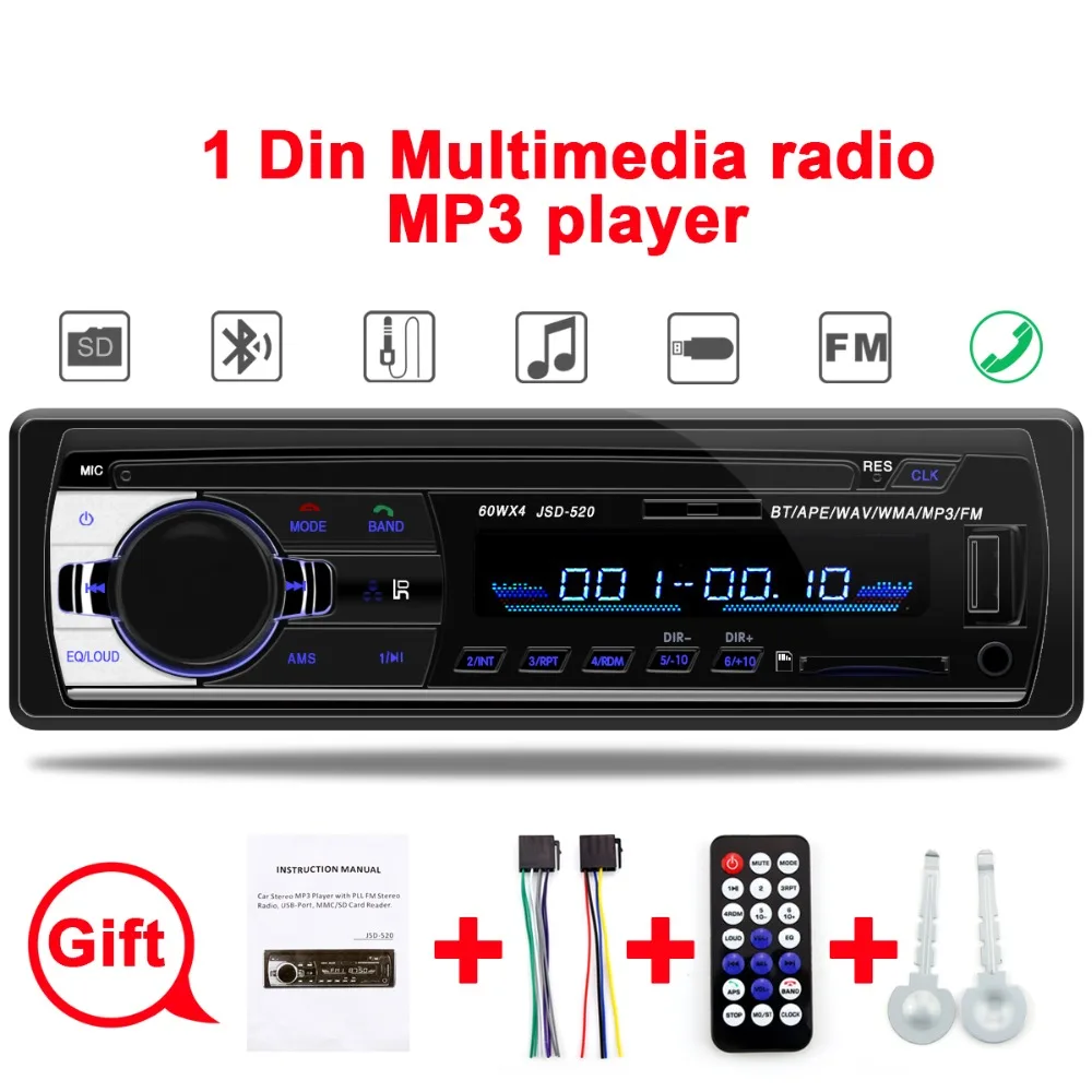Авторадио 1 din автомобиль estereo para carro автомобильное радио bluetooth jsd 520 12V oto teypleri aux в usb