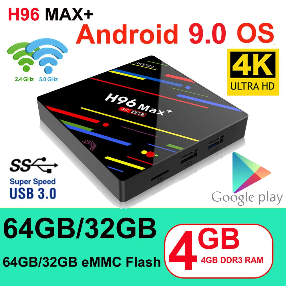 H96 MAX Plus Смарт ТВ приставка Android 9,0 ТВ приставка 4 Гб ОЗУ 32 ГБ/64 Гб ПЗУ Rockchip RK3328 4 к H.265 USB3.0 2,4 ГГц WiFi IP ТВ приставка
